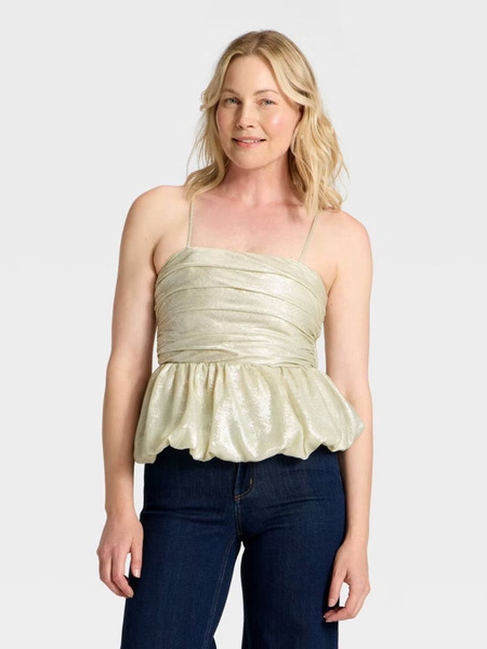 NWT A New Day Women's Ruched Peplum Cami Top, Size S - Silver
